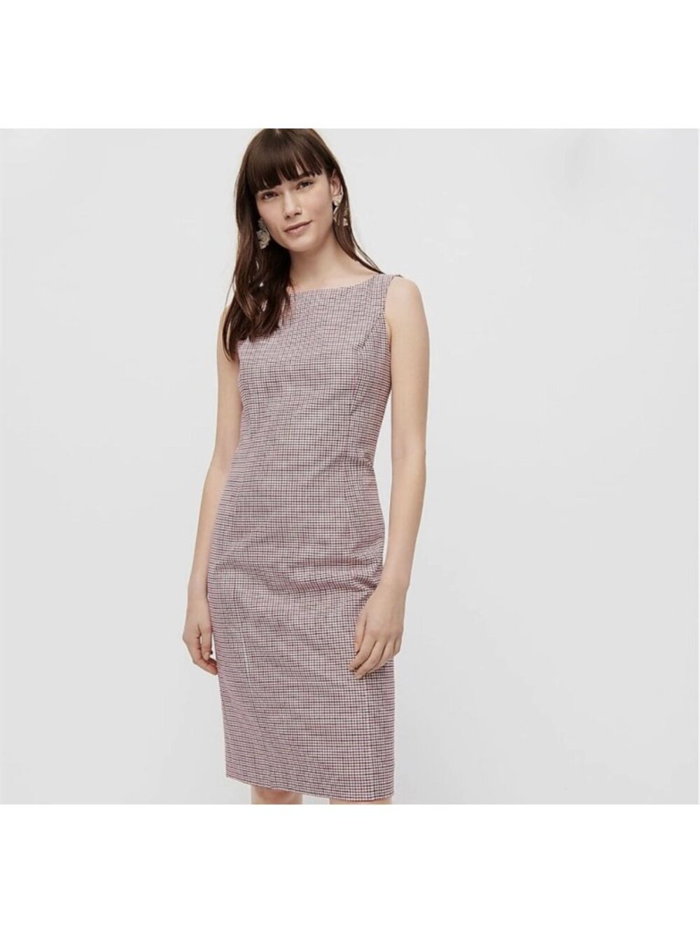 J. Crew Red Black White Gingham Boatneck Sheath Dress 4 Sleeveless Knee Length 4